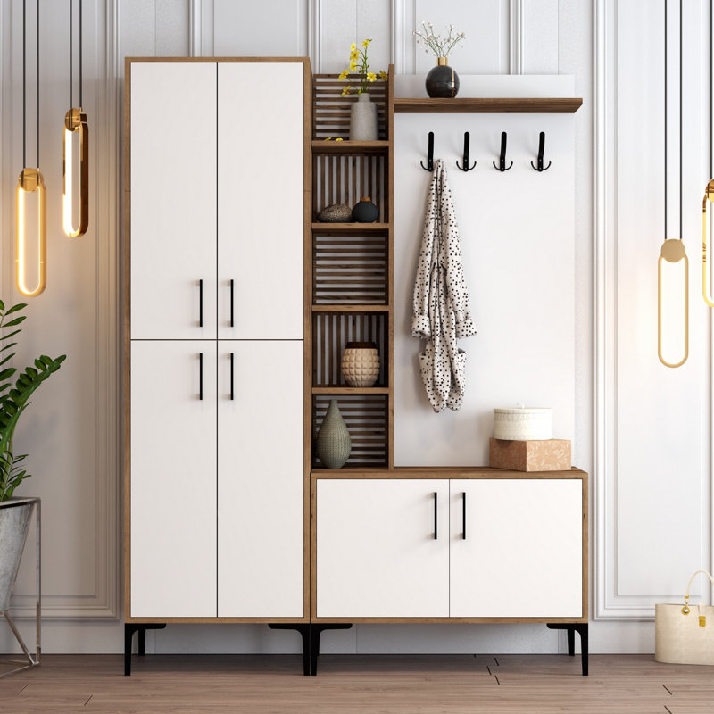 Modern Hall Stand with Metal Legs & Hangers, Walnut & White, 59.1 x 78.7 x 13.8 inches | 100% Melamine Coated Particle Board, 0.7 inches Thick | Wall-Mountable Design with Multiple Shelves, Stylish & Functional Storage Solution