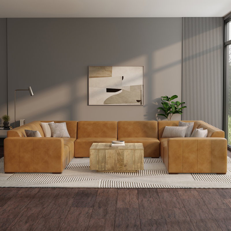 Grand canapé modulaire en forme de U Rex, grand canapé modulaire moderne en cuir véritable avec accoudoirs très larges et détails fabriqués à la main