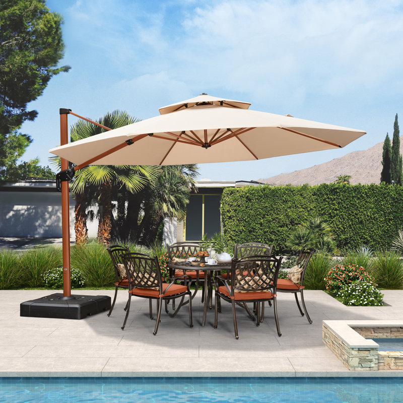 13 FT Round Wood Pattern Cantilever Umbrella,Beige, Beige