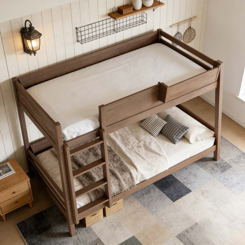 Bunk Bed With Storage Shelf and Bookshelf,Wood Bunk Bed with Ladder and Guardrails, Wood, Queen