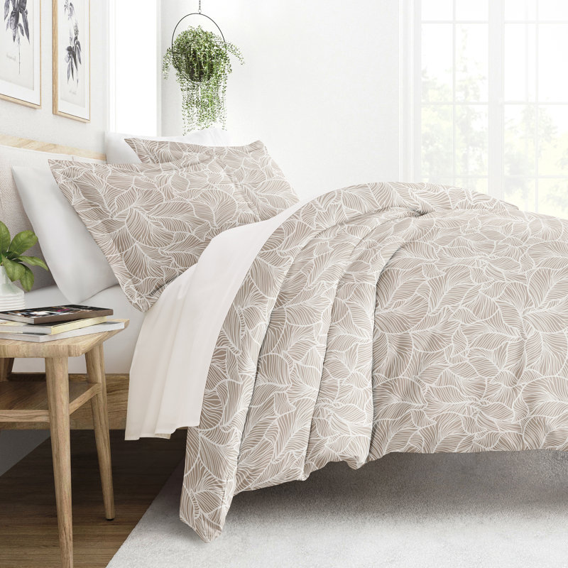Ensemble de housse de couette 3 pièces à motif ultra doux - Serenity, Simple / simple TG, Feuilles linéaires taupe
