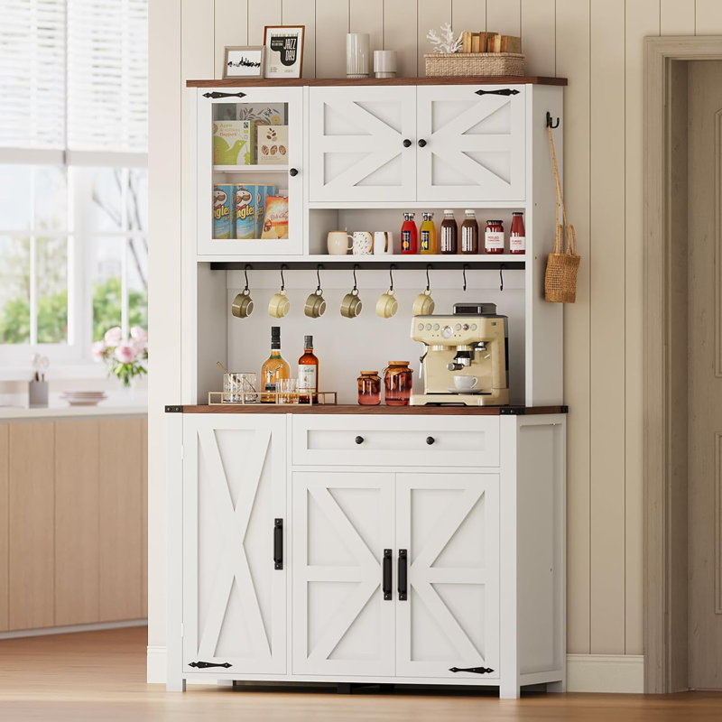 70.87" Farmhouse Kitchen Pantry Cabinet with Drawer & Doors, White 
