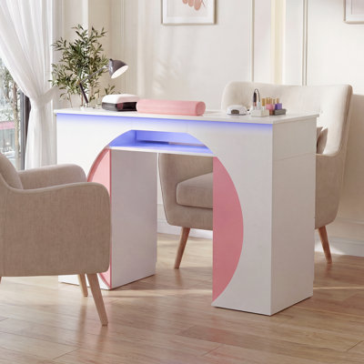 Dual-Color Manicure Desk with Large Storage, Built-in LED Lights, Dust Collector & Ergonomic Wrist Rest, Multi-Functional Table for Salon.