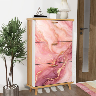 Shoe Storage Cabinet with 3 Flip Drawers for Soft Pink Gold Swirls Sparkling Accents Abstract Marble Design Shoe Rack Storage Organizer