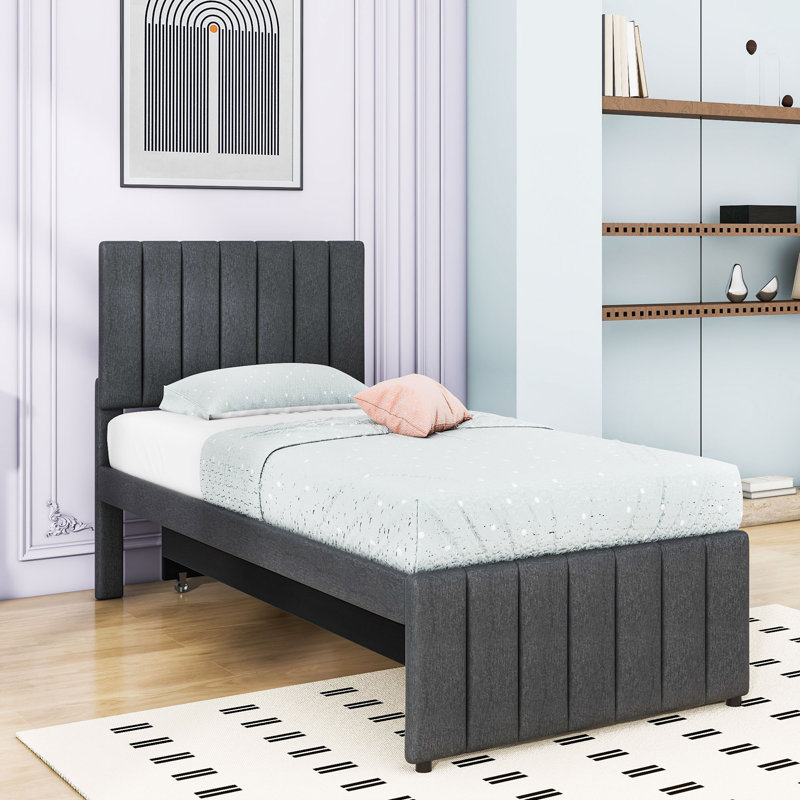 Upholstered Platform Bed with Trundle and 3 Drawers, Gray, Twin