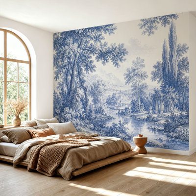 Papier peint adhésif auto-adhésif à motif de paysage de forêt bleu rétro avec adhésif mural pour salon, chambre à coucher H 69 po x l 96 po