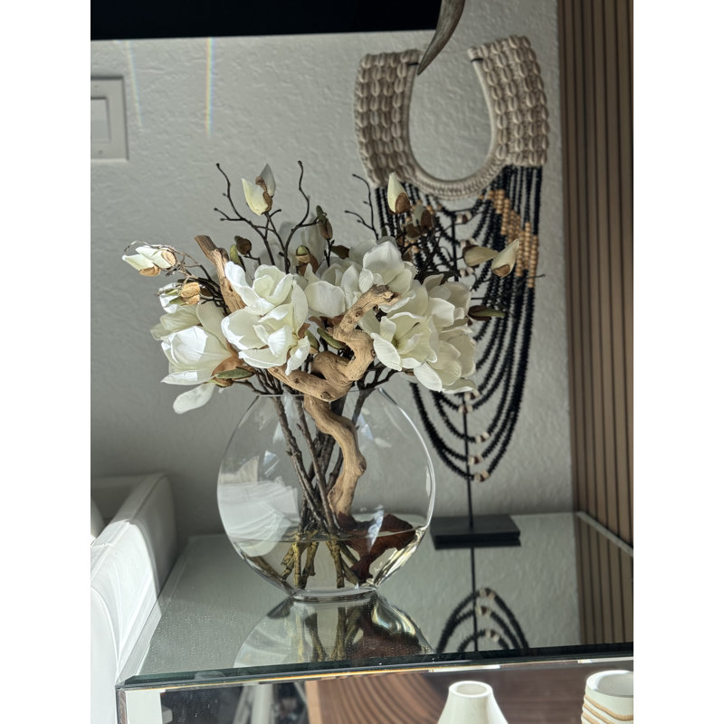 10" Moon Vase With White Magnolias	, White