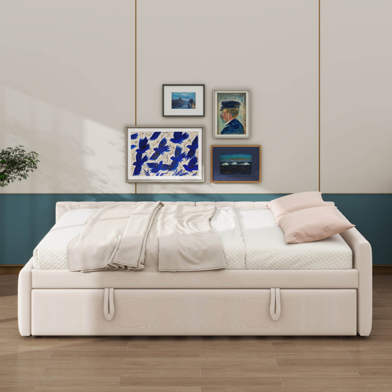 Lit de jour double rembourré en L avec lit gigogne escamotable double, Beige
