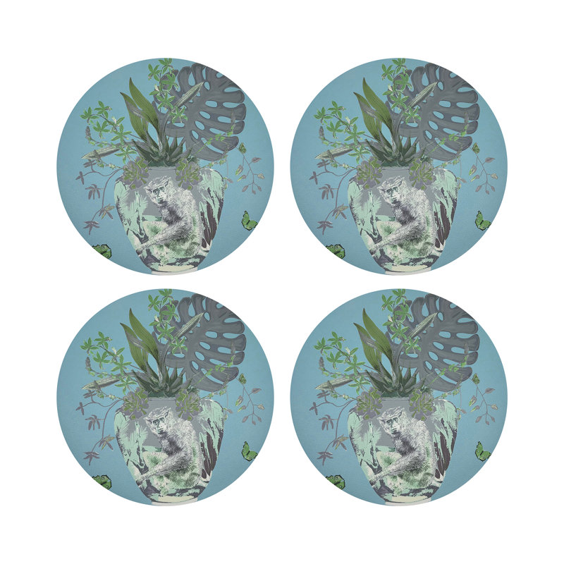 Monkey Large Jungle Vegan Leather Round Coasters, Bedford