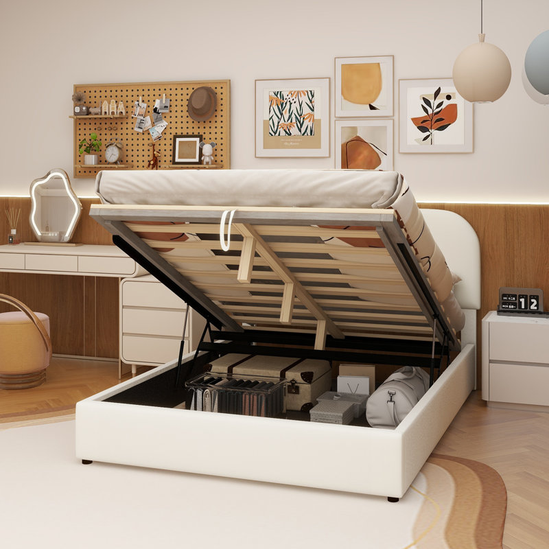 Lit plateforme tapissier Teddy, Lit double, Blanc