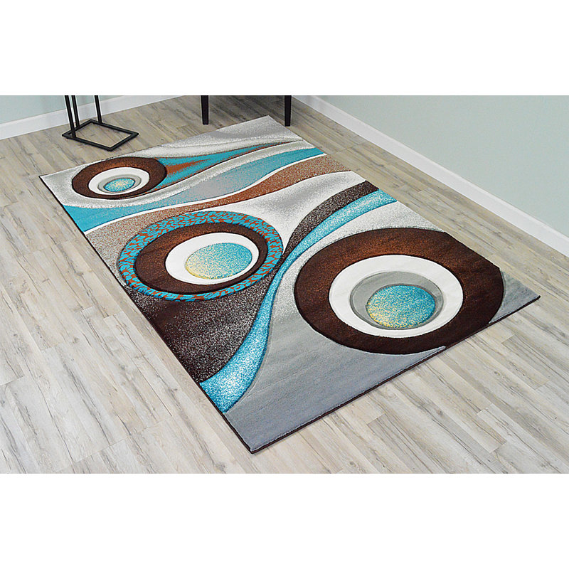 Tapis abstrait Mccampbell, Rectangle 5 pi x 7 pi, Brun / turquoise / ivoire