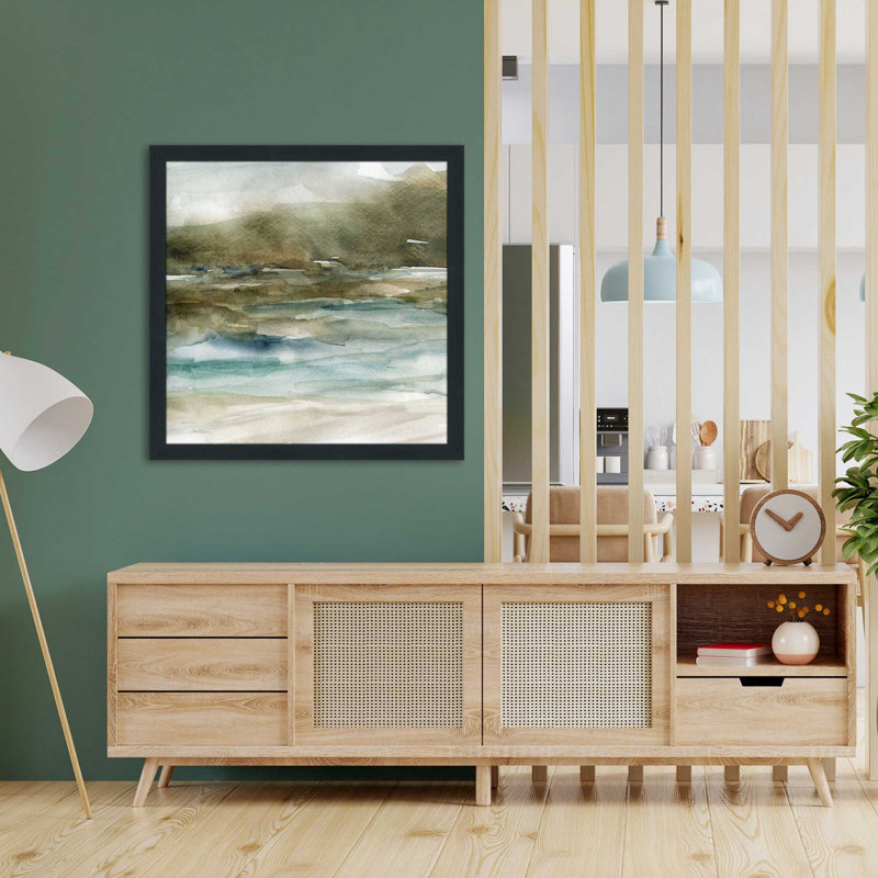 Riverbank par Carol Robinson - Peinture, L 25,5 po x H 25,5 po, Cadre noir