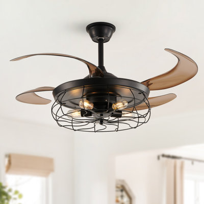 Ventilateurs de plafond de 48 pouces avec lumières et télécommande, noir, conception de cage, moteur à courant continu à 6 vitesses, ensemble d'éclairage inclus