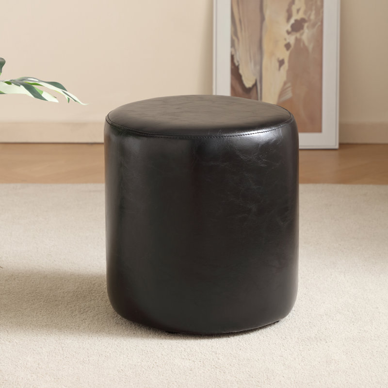 30cm Small Round Faux Leather Upholstered Ottoman, Black