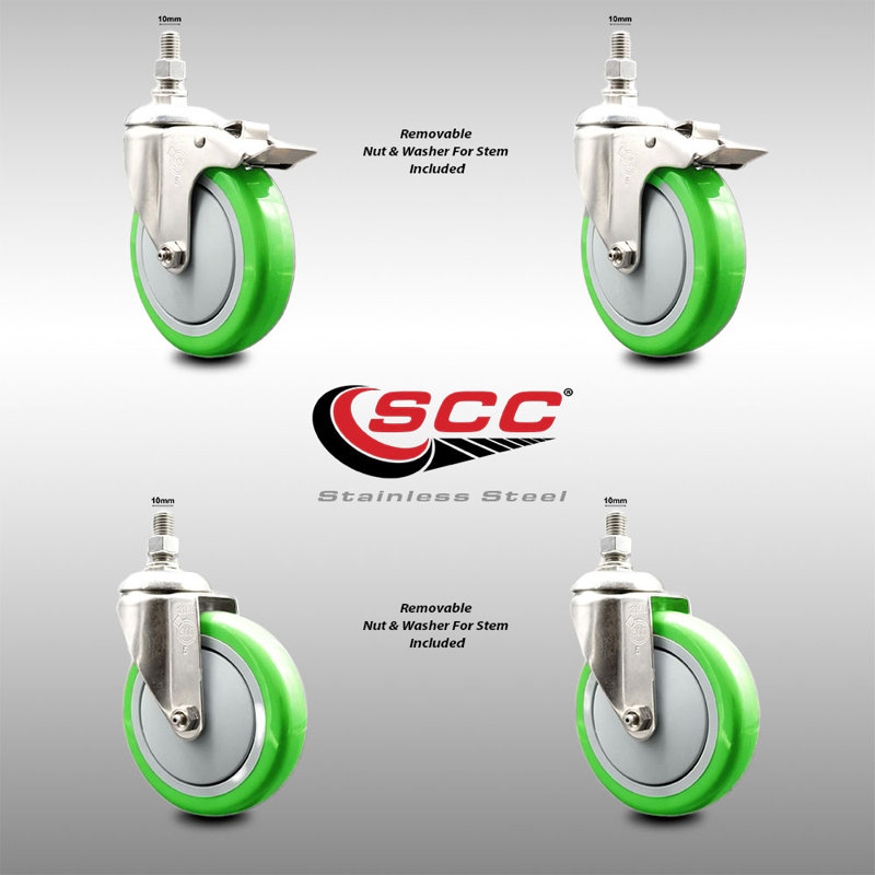 Ensemble de roulettes à tige filetée 5 pouces en polyuréthane vert 10mm 10mm