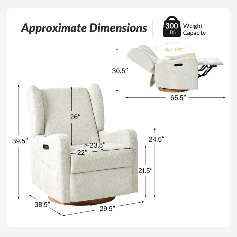 Fauteuil inclinable électrique oscillant de 29,5 po Ceandra avec veilleuse intégrée, Ivoire ivoire