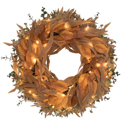 Couronne d'automne de 24 pouces avec 50 minuteries à DEL, eucalyptus artificiel et couronne de feuilles d'olivier