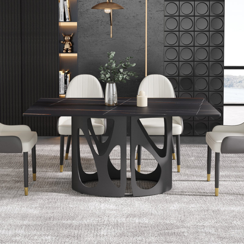 Ensemble de table de salle à manger rectangulaire en marbre 7 pièces 62,99 po avec 6 chaises en similicuir Juvan, Noir