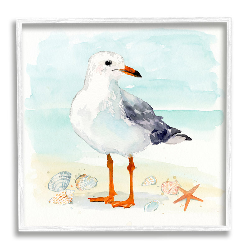 Az-936 - reproduction encadrée de mouette côtière et de coquillages sur toile par Victoria Barnes, Cadre blanc