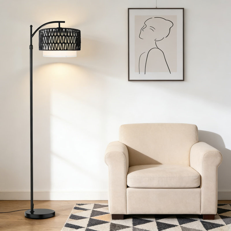 Arc Floor Lamp With Remote Control, Dimmable LED Bulb & Adjustable Color Temperature, Modern Farmhouse Standing Lamp With Rattan Shade For Living Room, Bedroom Or Office