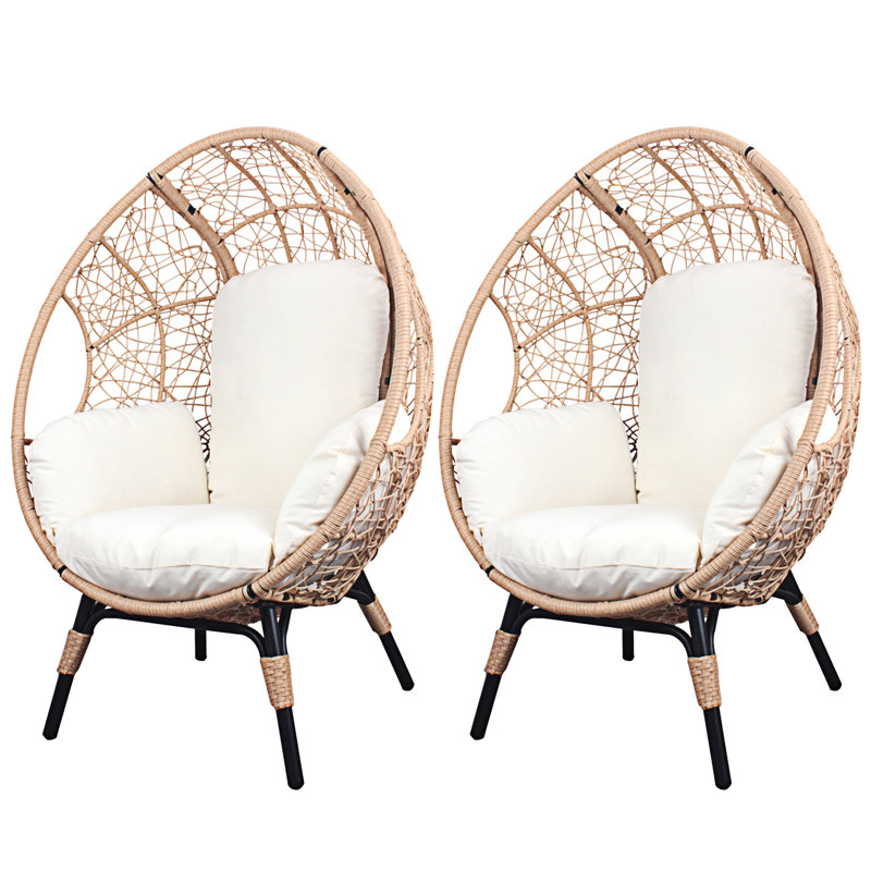 2 chaises de patio en osier PE pour patio, modèle 3 avec coussin en rotin de couleur naturelle beige