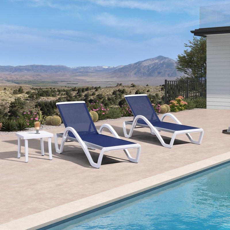 Patio Chaise Lounge Chair Set Includes 2 Outside Aluminum Plastic Stackable Tanning Chairs With Armrests And 1 Side Table