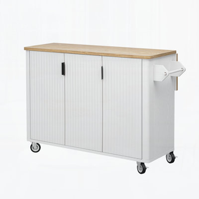 51" Fluted Kitchen Island With Drop Leaf, Farmhouse Accent Kitchen Island On Wheels With Internal Storage Rack