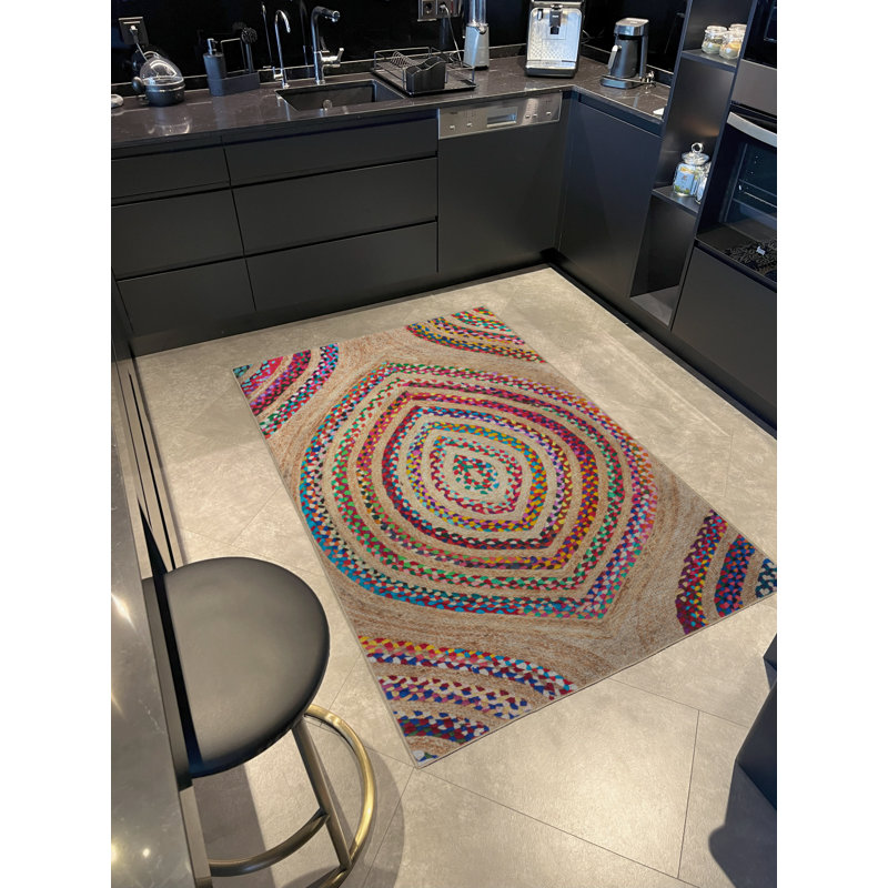 Tapis décoratif moderne à motif géométrique abstrait multicolore beige, Rectangle 4 pi 7,12 po x 6 pi 6,74 po