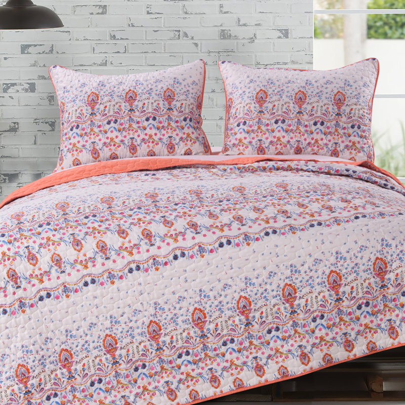 King Size Blue and Coral Microfiber Reversible Quilt Set