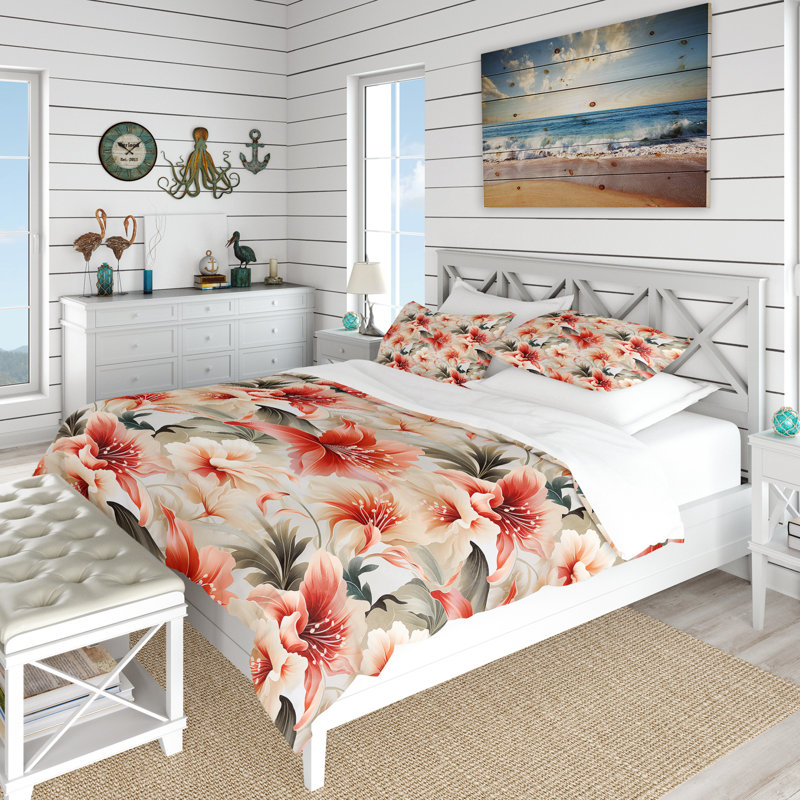 Literie délicate motif tropical neutre II, Housse de couette pour très grand lit et 2 très