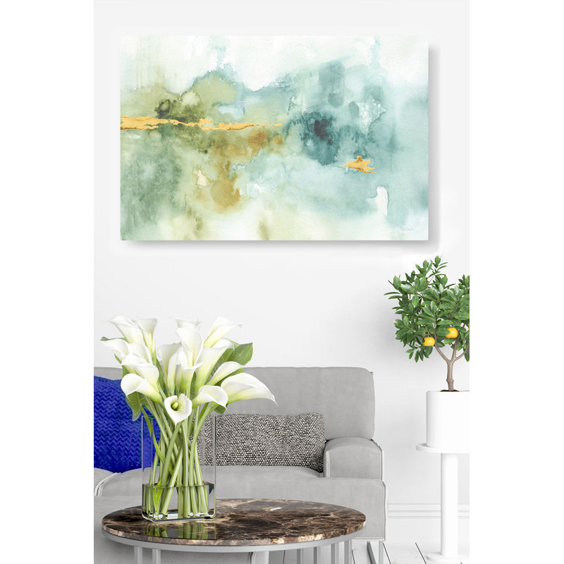 Aquarelles abstraites, bleu, vert, or, H 24 po x l 36 po x P 1,5 po