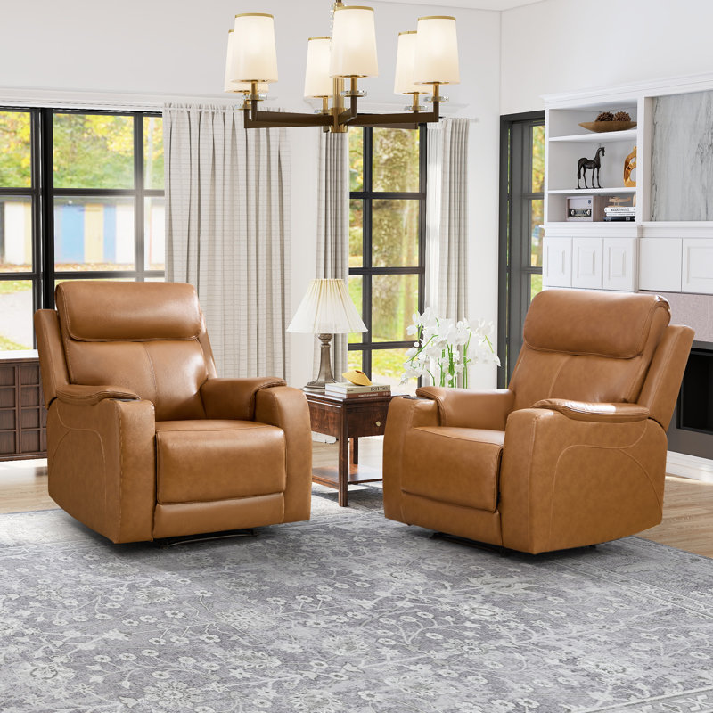 Fauteuil inclinable électrique en cuir véritable de 35,83 po de largeur avec appui-tête réglable, recharge USB et recharge sans fil (ensemble de 2)