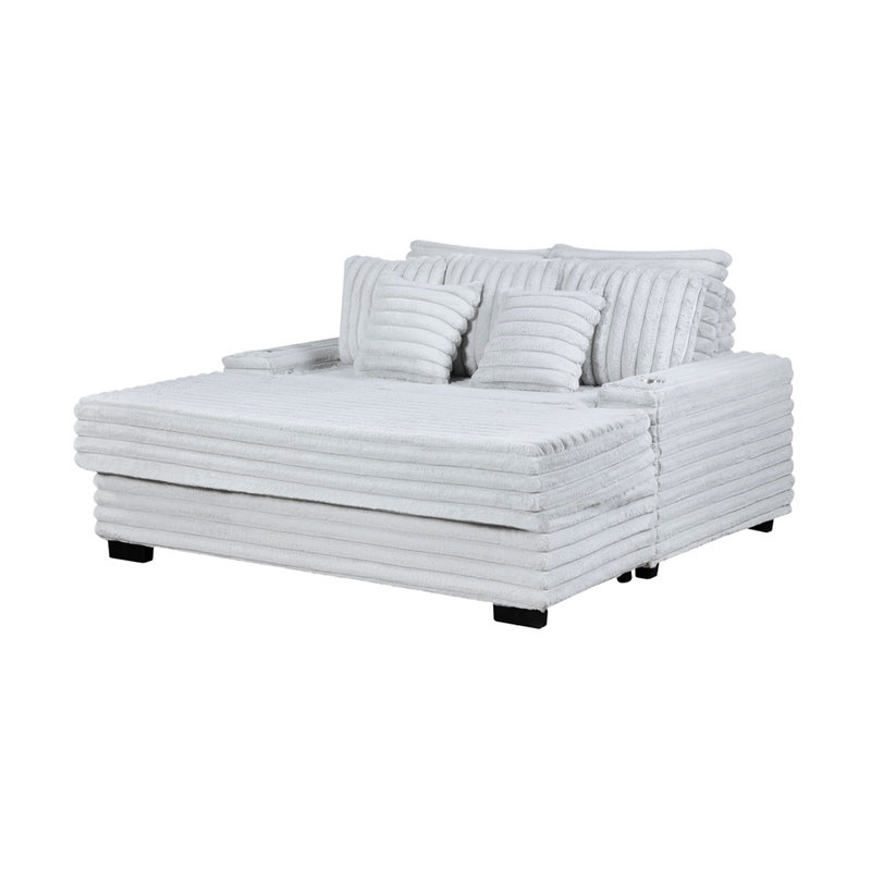 Chaise longue en velours côtelé gris, porte-gobelets, charge, hauteur du siège 19,5 po, pieds en plastique noir de 2 po, chaise longue de 49 po de largeur, A et C, largeur, profondeur de 38 po, 5 coussins décoratifs