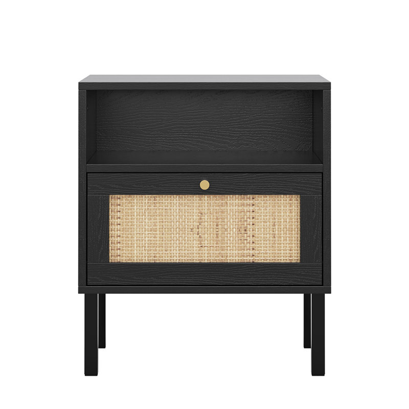 Aimara Rectangular Nightstand with Rattan Door, Black, Set of 2