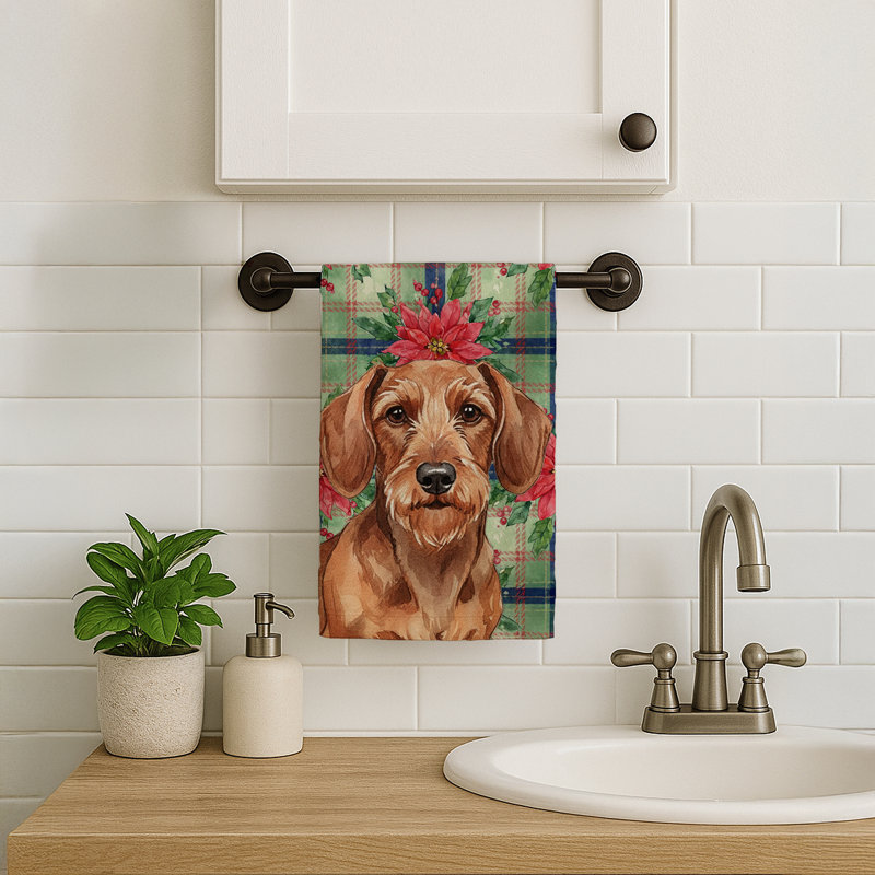 Wirehaired Red Dachshund Christmas PoinsettIas Kitchen Towel, Wirehaired Red Dachshund