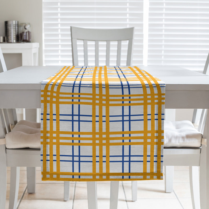Paid Polyester Table Runner, 72" L x 16" W, White/Blue/Gold
