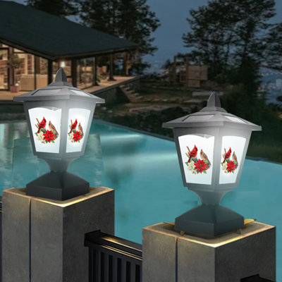 Lampadaire solaire pour l'extérieur, paquet de 2, poteaux de clôture en bois, sentier, terrasse, décoration d'Halloween / de l'Action de grâce / de Noël (oiseau rouge)