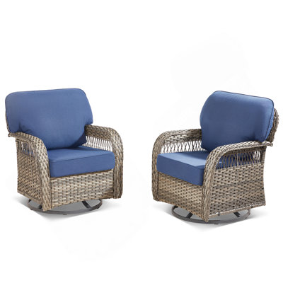 Ensemble de 2 chaises berçantes d'extérieur, chaises berçantes pivotantes en osier gris avec coussins en forme de T et mousse épaisse de 5 po, idéale pour le porche et la cour, bleu