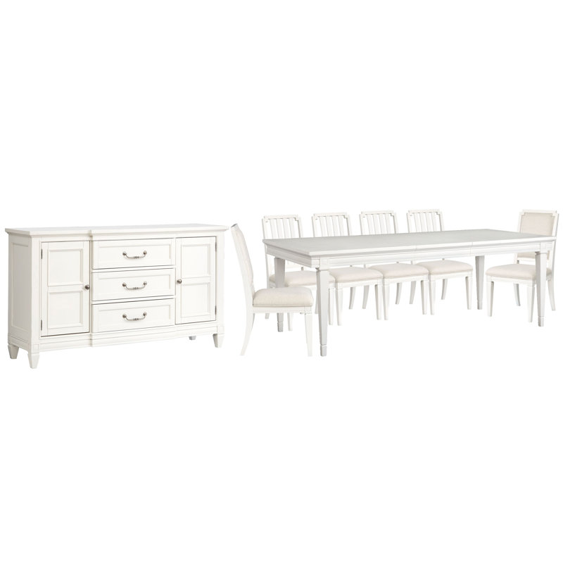 Extendable Rectangular Dining Table With 4 Side Chairs 2 Upholstered Side Chairs And Buffet