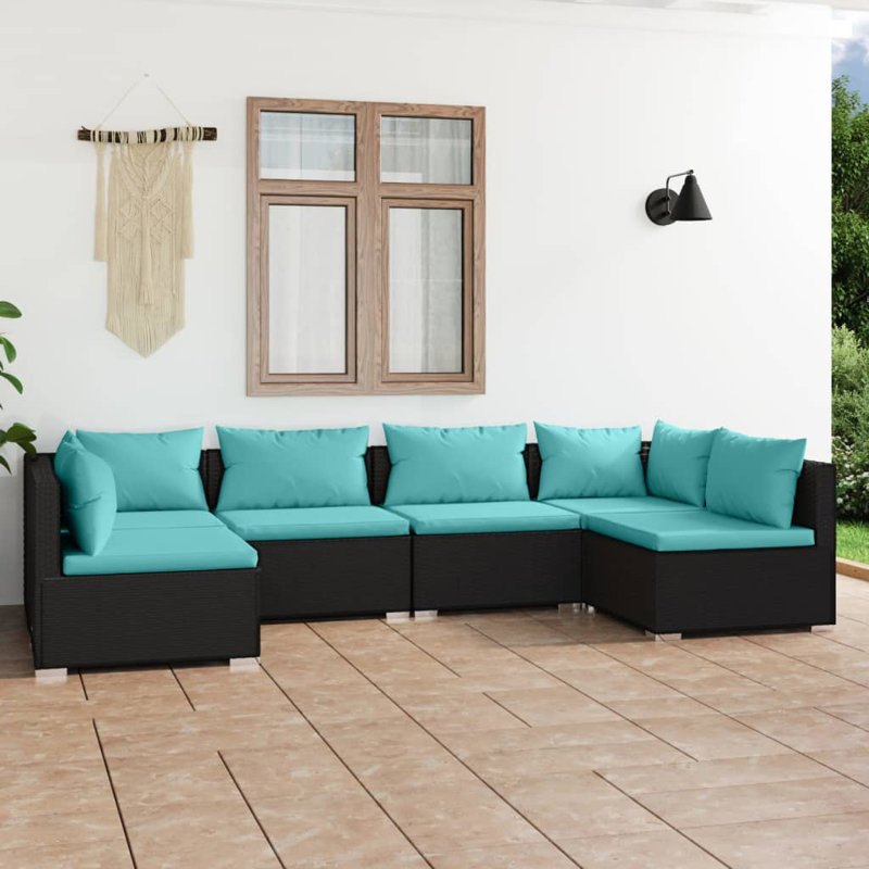 Ensemble de canapé avec coussins, 2 x coin + 4 x milieu, Noir et bleu