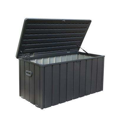 Boîte de rangement en métal imperméable 120 gallons - Armoire de rangement extérieure en acier robuste avec élévateur hydraulique et roues pour patio, cour et bord de piscine