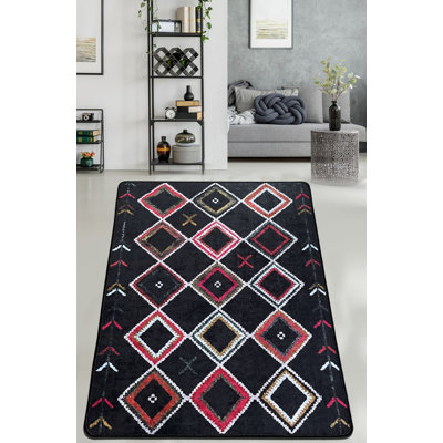 Marbury Geometric Machine Made Power Loomed Polyester Blend Area Rug in Black/Pink/Red