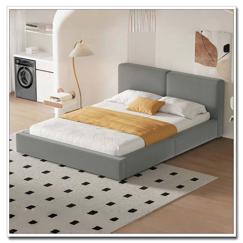 Lit plateforme tapissier avec tissu en velours, lit au sol avec structure solide, Gris