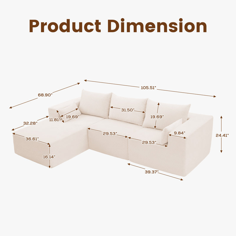 Canapé modulaire et combinable en L 105,5 po Corduroy , Mélange de polyester beige