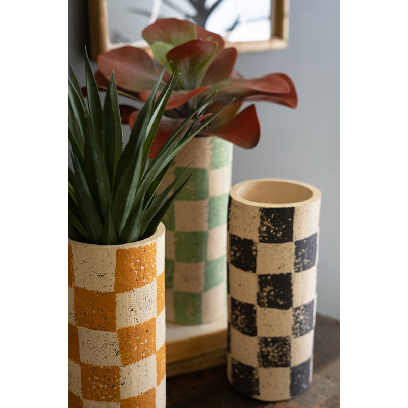  Checkered Clay Cylinder Vases – 12" Tall Decorative Modern Accent Set of Three
