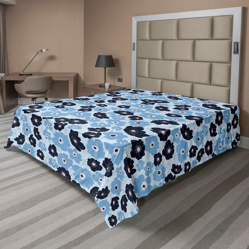 Drap plat à motif floral bohème Ambesonne, Bleu doux, bleu, noir / floral, Drap plat de taille double