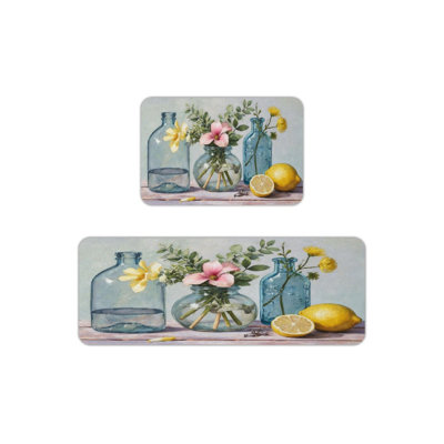 Still Life with Flowers & Lemons, 2 Pcs Non Slip Kitchen Mats