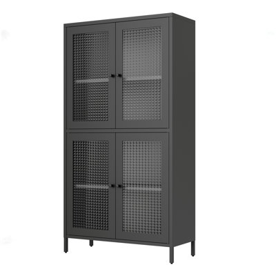 Classic Metal Storage Cabinet Display Cabinet With 4 Glass Doors 4 Shelves Cabinet  Bookcase Side Cabinet For Home Office Living Room Kitchen Hallway - Black, Waffle Grids Tempered Glass