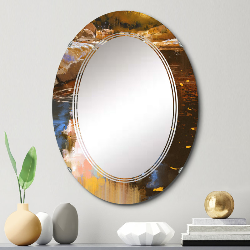 River River avec pierres dans la forêt d'automne - Miroir mural ovale, 30 po x 20 po