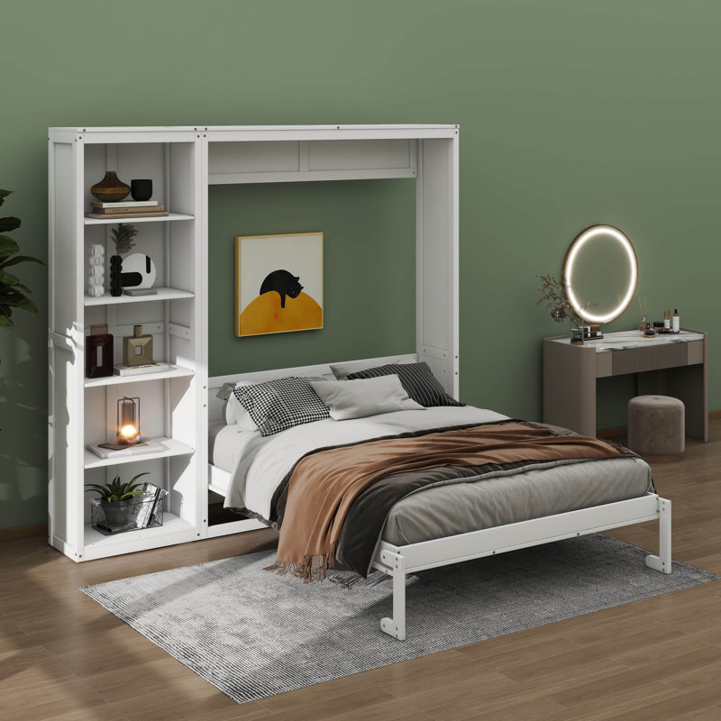 Lit escamotable mural polyvalent avec tablettes intégrées, Lit double, Blanc